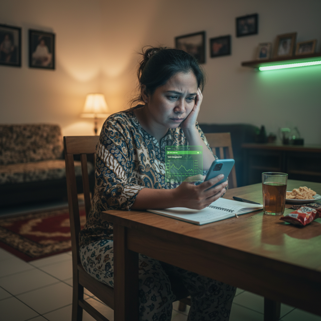 Ilustrasi kreator yang kelelahan memantau performa akun di malam hari