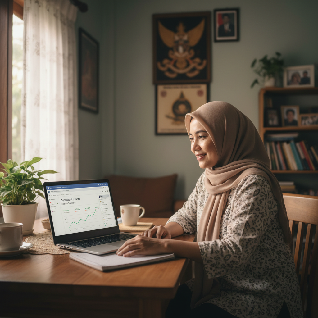 Ilustrasi kreator yang tenang melihat pertumbuhan performa akun